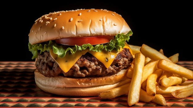 un hamburger con formaggio e patatine fritte