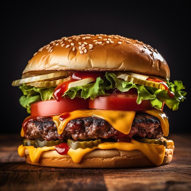 Un hamburger con formaggio e pomodori si trova su un tavolo di legno.