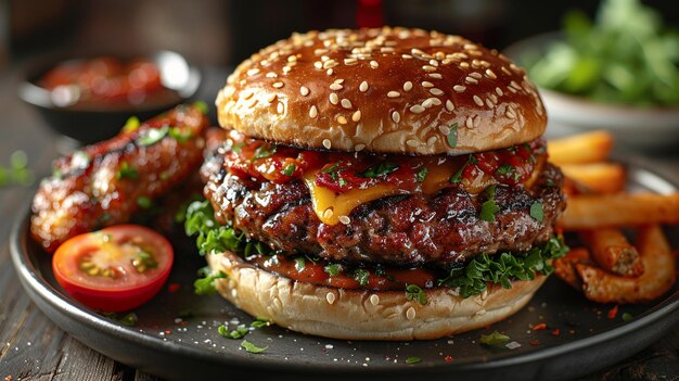 un hamburger con formaggio e pomodori su un piatto