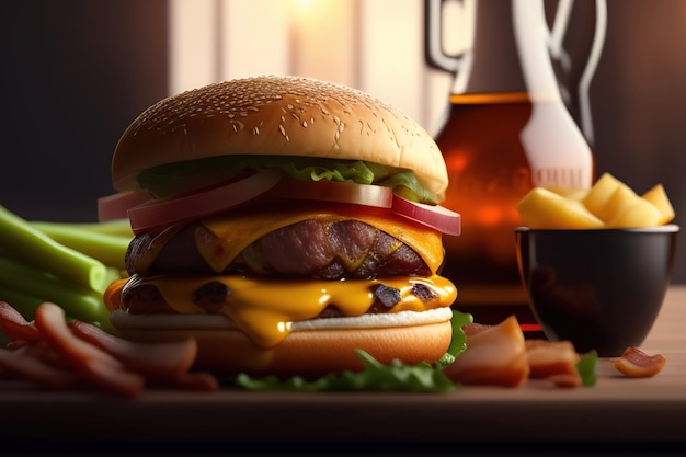 Un hamburger con formaggio e pomodoro si trova su un tavolo con una tazza di tè.