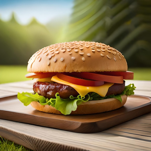 Un hamburger con formaggio e pomodoro su una tavola di legno.