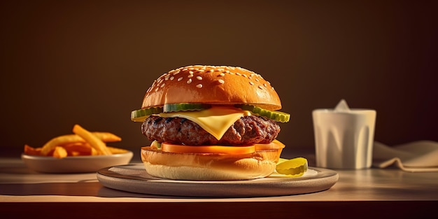 Un hamburger con formaggio e sottaceti si trova su un tavolo.