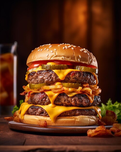 un hamburger con formaggio e un bicchiere di birra.