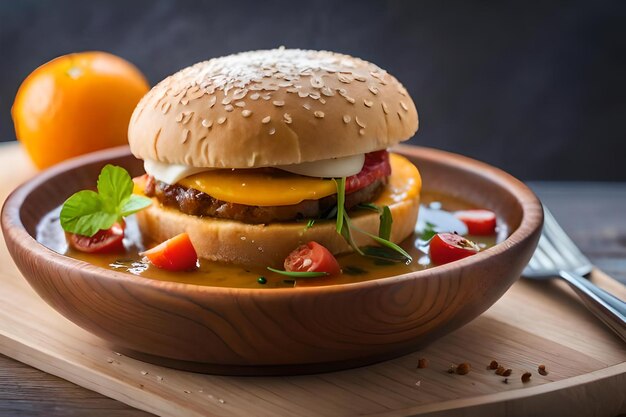 un hamburger con formaggio e un piatto di cibo