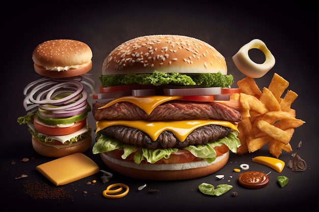 Un hamburger con formaggio, pomodoro e cipolle è circondato da altri alimenti.