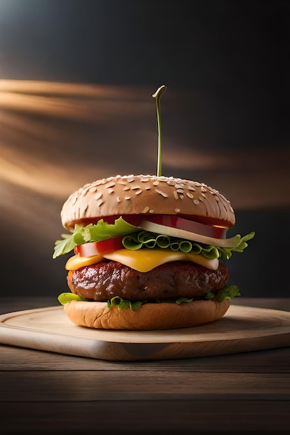 Un hamburger con formaggio, pomodoro e lattuga su una tavola di legno.