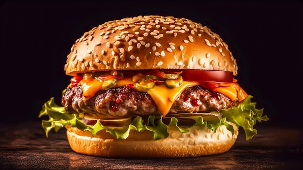 Un hamburger con formaggio, pomodoro e sottaceti su un tavolo di legno.
