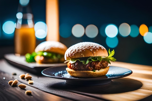 un hamburger con lattuga e un bicchiere di birra.