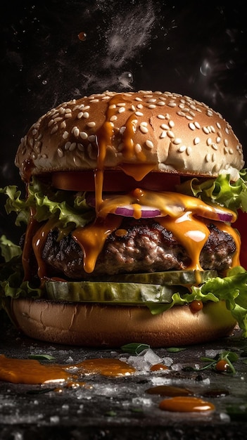 Un hamburger con lattuga, pomodoro e cipolla su uno sfondo scuro.