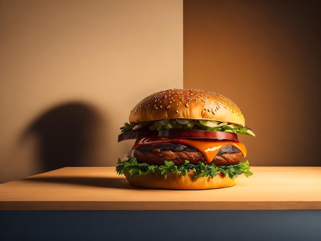 Un hamburger con lattuga, pomodoro e formaggio si trova su un tavolo di legno.