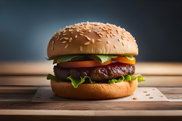 Un hamburger con lattuga, pomodoro e formaggio su una tavola di legno.