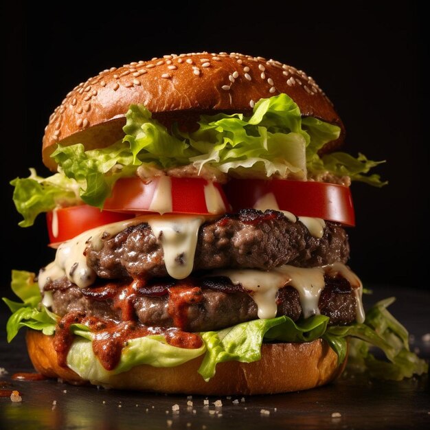 un hamburger con lattuga, pomodoro e formaggio