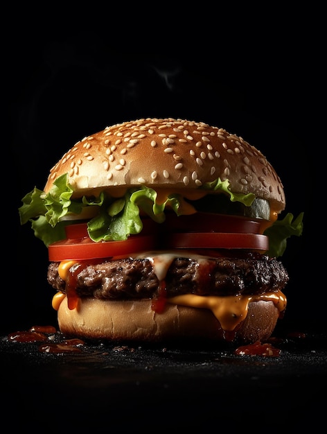 Un hamburger con lattuga, pomodoro e lattuga sopra