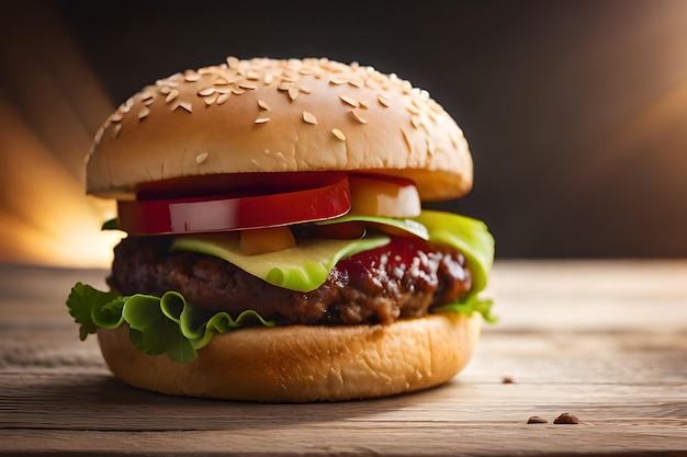 Un hamburger con lattuga, pomodoro e lattuga sopra.