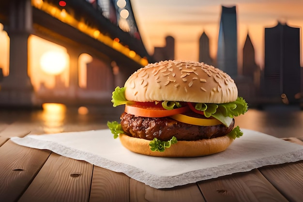 Un hamburger con lattuga, pomodoro e lattuga su un tovagliolo.