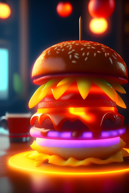 Un hamburger con luci viola sopra e una luce rossa sopra.