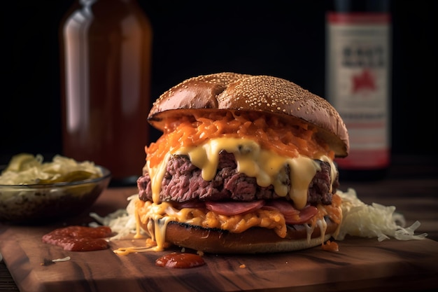 Un hamburger con molto formaggio sopra si trova su una tavola di legno.