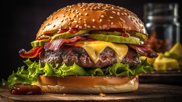 Un hamburger con pancetta, avocado e avocado su una tavola di legno.