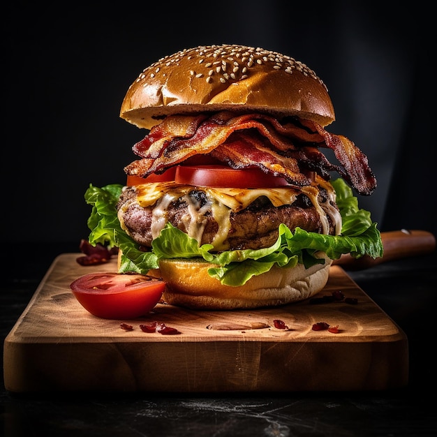 Un hamburger con pancetta e formaggio sopra