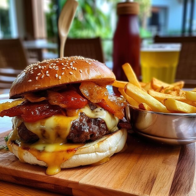 Un hamburger con pancetta e patatine fritte su una tavola di legno