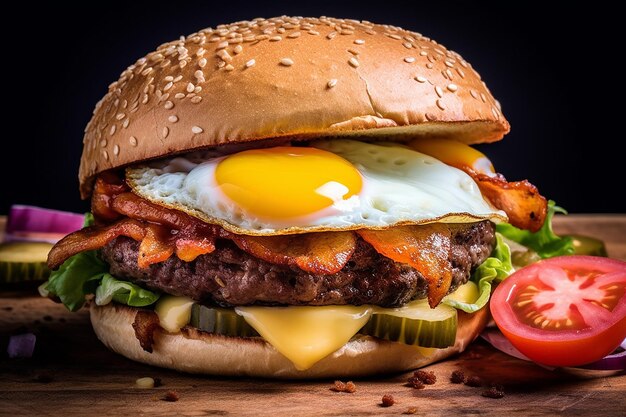 un hamburger con pancetta, formaggio e pomodori.