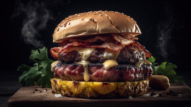 Un hamburger con pancetta su di esso si trova su una tavola di legno