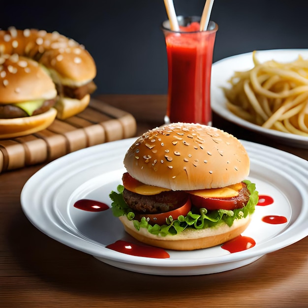 Un hamburger con salsa di pomodoro e salsa di pomodoro su un piatto.