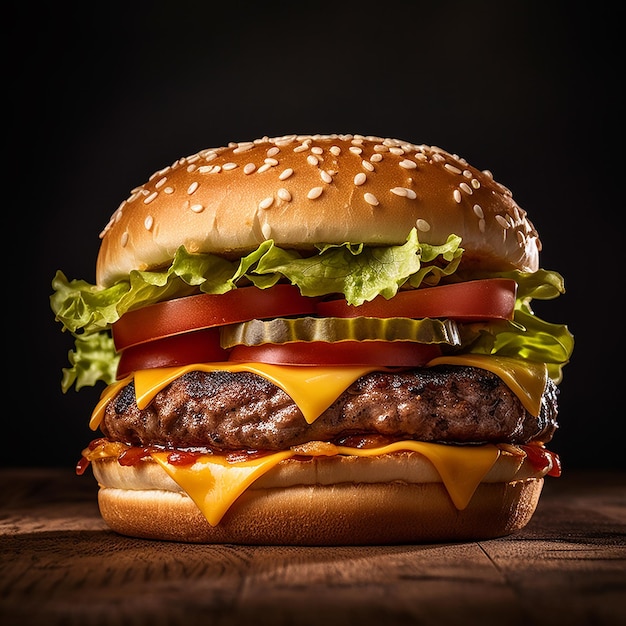 Un hamburger con sopra formaggio e lattuga