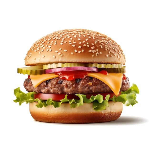 Un hamburger con sopra formaggio, lattuga, pomodoro e lattuga.