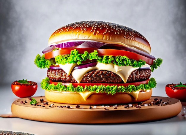 Un hamburger con sopra formaggio, pomodoro e cipolle