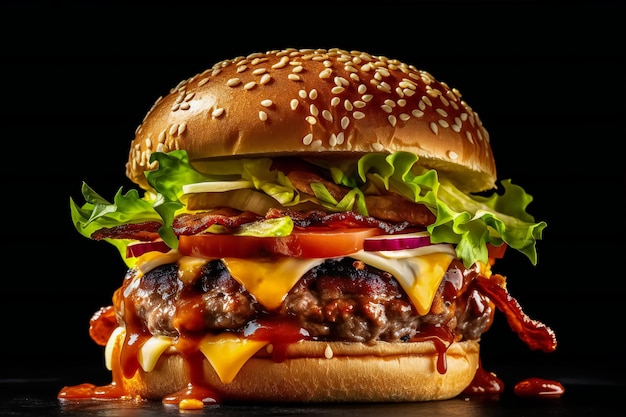 Un hamburger con sopra formaggio, pomodoro e lattuga