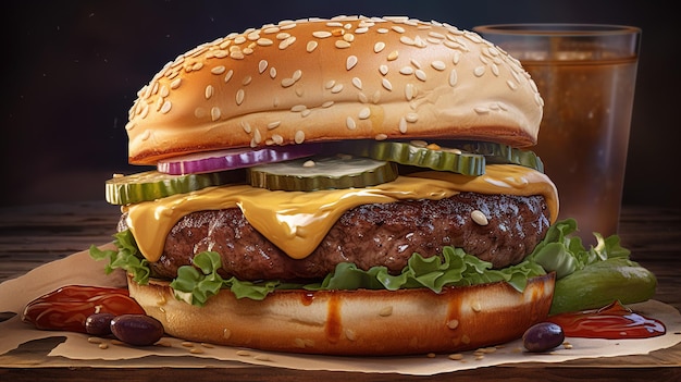 Un hamburger con sopra formaggio, sottaceti e cipolle.