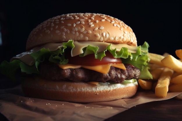 Un hamburger con sopra insalata, pomodoro e formaggio