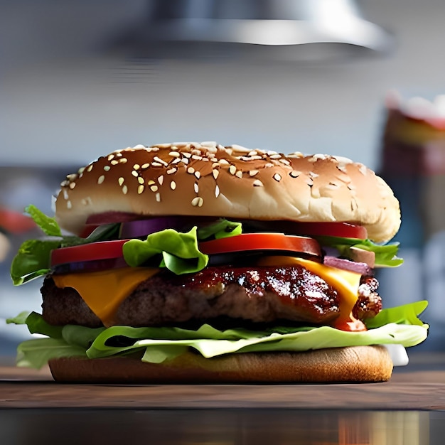 Un hamburger con sopra insalata, pomodoro e formaggio.