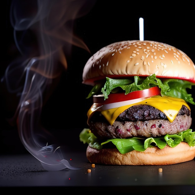 Un hamburger con sopra insalata, pomodoro e formaggio.