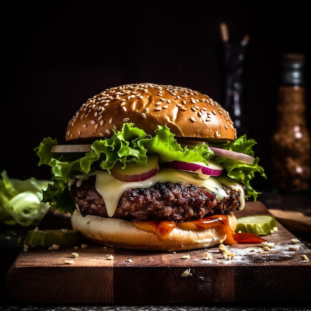 Un hamburger con sopra la scritta "formaggio".