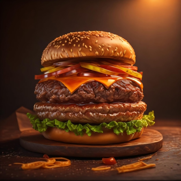 Un hamburger con sopra un hamburger con su scritto "hamburger".