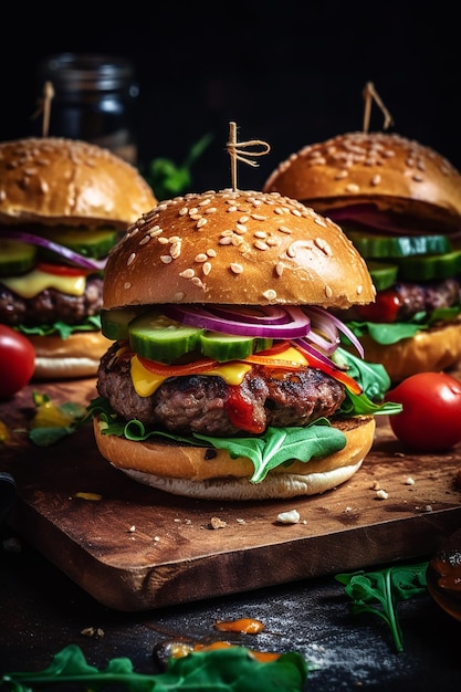 Un hamburger con sopra un panino e lattuga