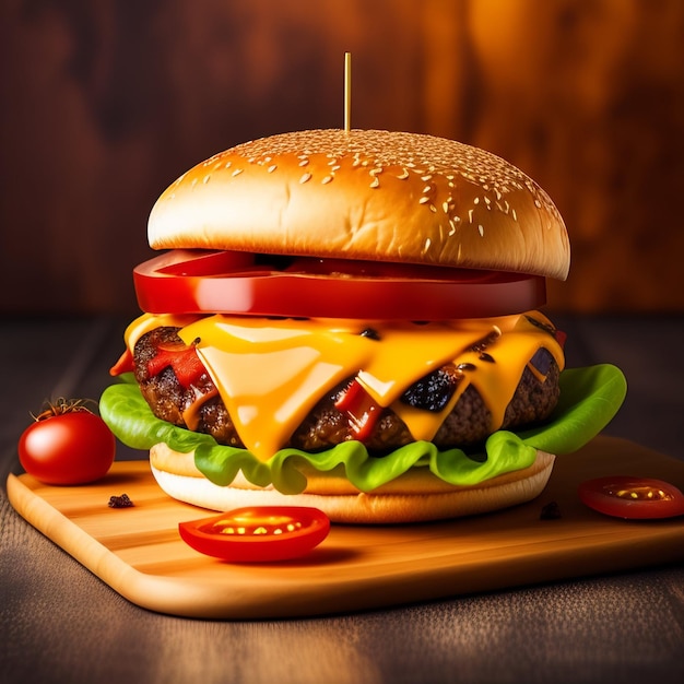 Un hamburger con sopra un pomodoro e lattuga