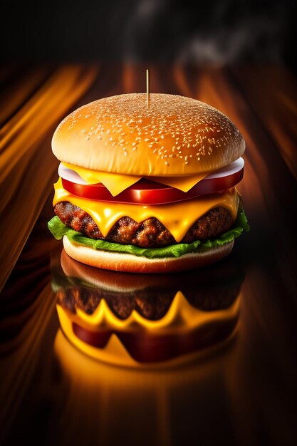 Un hamburger con sopra un pomodoro e un suo riflesso.
