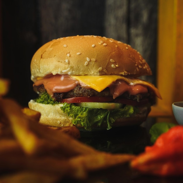 Un hamburger con sopra un pomodoro e una ciotola di patatine fritte.