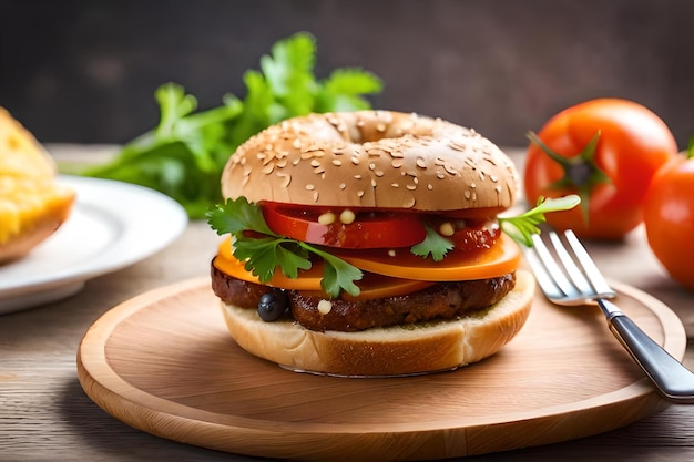 Un hamburger con sopra un pomodoro