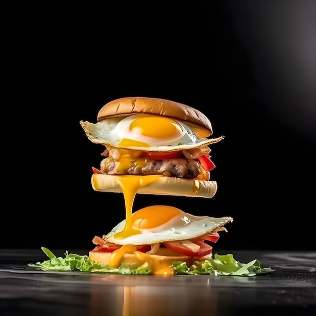 Un hamburger con sopra un uovo fritto e sopra un pomodoro.