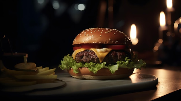 Un hamburger con sopra una fetta di formaggio si trova su un tavolo accanto a patatine fritte.