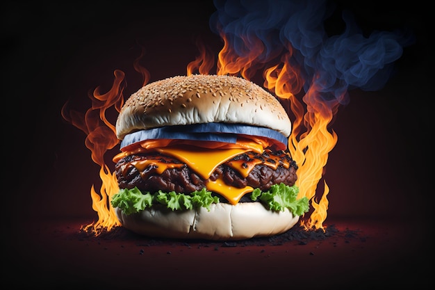 Un hamburger con sopra una fiamma che dice "carne".