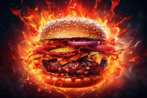 Un hamburger con sopra una palla di fuoco che dice "burger king".