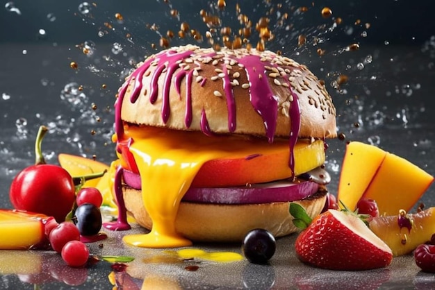 Un hamburger con sopra una spruzzata di acqua e frutta