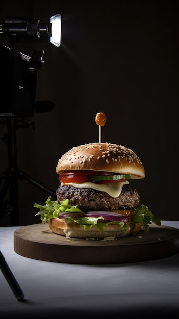 Un hamburger con sopra uno stuzzicadenti