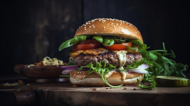 Un hamburger con sottaceti e cipolle si siede su un tagliere di legno