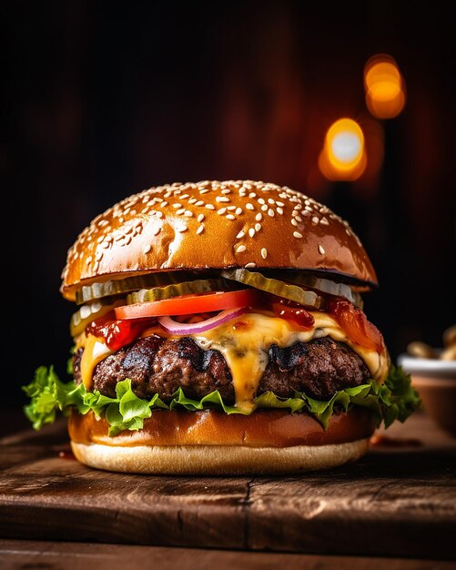 un hamburger con tanto formaggio e pomodori sopra